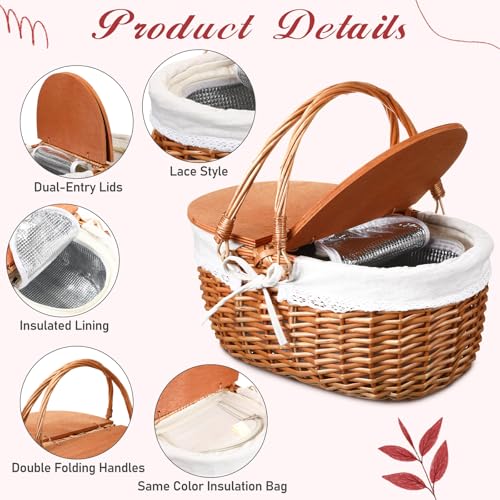 DoubleFill Wicker Insulated Picnic Basket with Lid Wicker Picnic Basket with Folding Handles and Insulated Cooler Bag for Camping Outdoor Easter Valentine Birthday Gift(White) - color: White