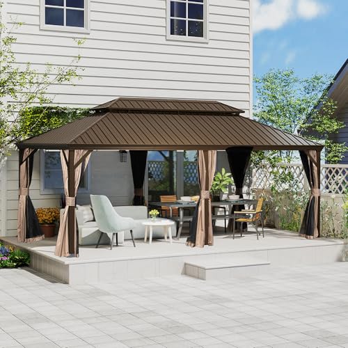 Domi 12' X 20' Hardtop Gazebo, Upgraded Metal Gazebo with Drainage System, Dual-Layer Galvanized Steel Roof, Curtain and Netting, Outdoor Shelter Canopy for Patio, Garden, and Backyard, Brown - color: Brown, size: 12'x20'/w gutter