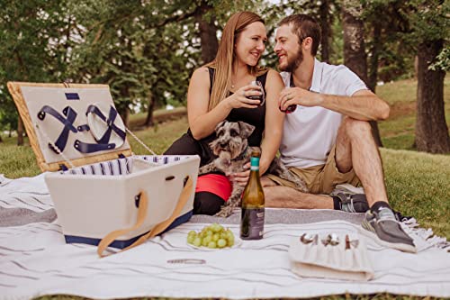 Picnic TIME Boardwalk Picnic Basket, Romantic Vintage English-Style Wooden Basket, Complete Deluxe Service for Four with Durable Canvas and Handwoven Lid - color: Beige Canvas With Navy Blue Accents for 4