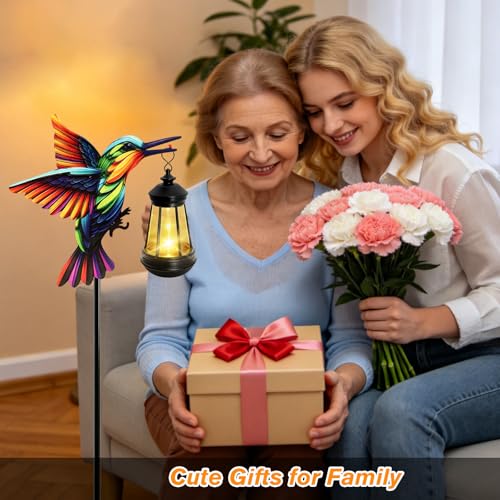 ANGMLN Hummingbird Solar Lights Outdoor, Hanging Lantern Waterproof, Birthday Gifts for Women Mom Mother's Day, Metal Garden Statue Yard Decor Patio Pathway Backyard Lawn Ornaments - color: Hummingbird