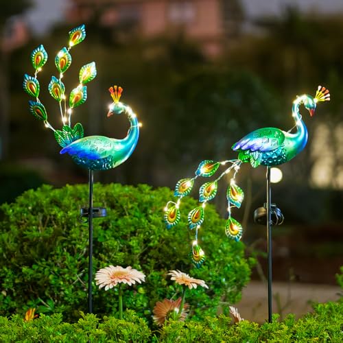 DREAMSOUL Peacock Solar Lights Outdoor 2 Pack, Waterproof Outdoor Solar Lights for Yard Pathway Peacock Garden Decor - color: Green-2pack