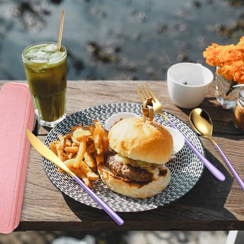 AARAINBOW 6 Pieces 18/8 Stainless Steel Flatware Set Portable Reusable Cutlery Set Travel Utensils Set Including Chopsticks Knife Fork Spoon Straws Cleaning Brush Dishwasher Safe (Purple golden) - color: Purple golden