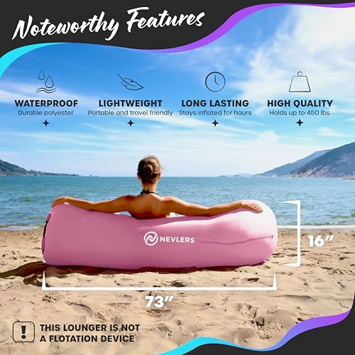 Nevlers Bubblegum Pink Inflatable Lounger | No-Pump Air Couch | 210T Polyester Outdoor Couch for Use as Portable Hammock & Beach Chairs | Blow Up Chair w/ 450 lbs. Capacity, Pockets, & Carry Bag - color: Bubblegum, size: 1 Pack