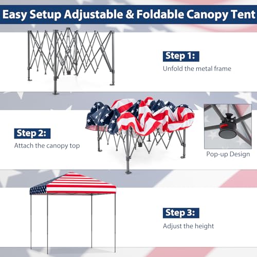 Tangkula 6.6x6.6 Ft Pop Up Canopy, 1 Person Instant Setup Portable Canopy Tent with Center Lock, UPF 50+ Sun Protection, 8 Stakes, 4 Ropes, Carrying Bag - color: American Flag Printing, size: 6.6x6.6FT