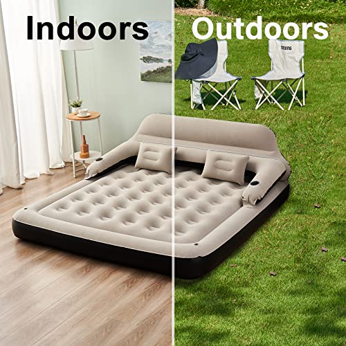 Queen Size Air Mattress Sofa Bed with Headboard and Pillow, Inflatable Bed for Outdoor Overnight - size: Queen