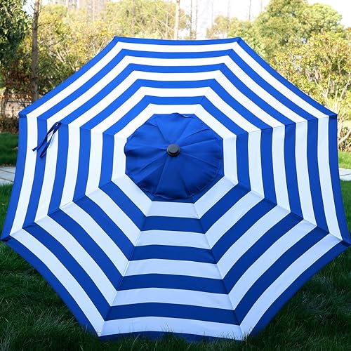 Blissun 9' Outdoor Patio Umbrella, Outdoor Table Umbrella, Yard Umbrella, Market Umbrella with 8 Sturdy Ribs, Push Button Tilt and Crank - color: Blue & White Stripe