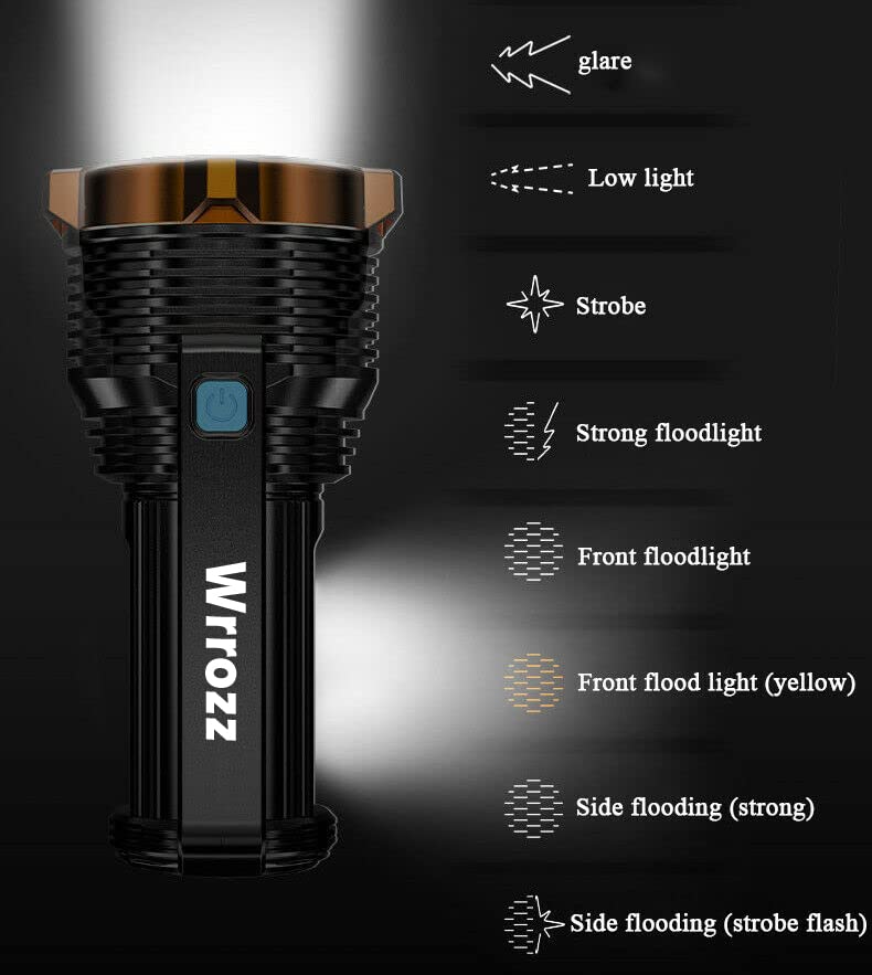 Wrrozz LED Flashlight USB Rechargeable, Super Brightest Flashlight with Sidelight and Hooks, 8 Modes Lighting, Rechargeable Spotlight, Tactical Torch Camping Portable Handheld Flash Light - size: C