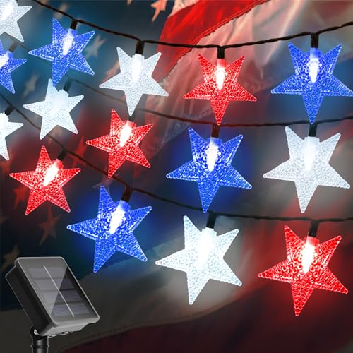 4th of July Twinkle Solar Star String Lights Decorations Outdoor Waterproof Fairy Lights 39FT Red White and Blue 100 LED with 8 Lighting Modes for Independence Day President Day Memorial Day - color: Red-Blue-White