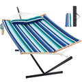 Homgava Two Person Hammock with Stand for Outside Heavy Duty, Outdoor Patio Hammock with Portable Steel Stand, Large Double Hammocks,480lbs Capacity.(Blue Stripes) - color: Blue Stripes