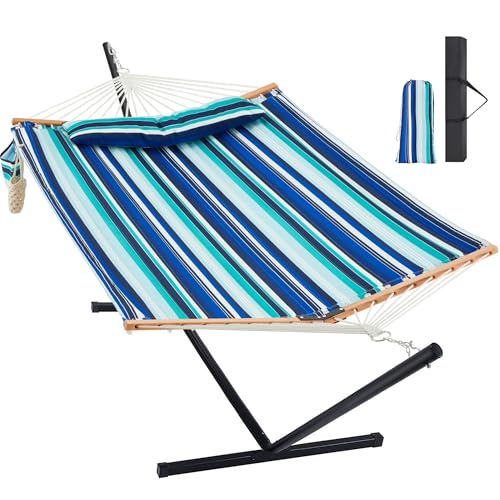 Homgava Two Person Hammock with Stand for Outside Heavy Duty, Outdoor Patio Hammock with Portable Steel Stand, Large Double Hammocks,480lbs Capacity.(Blue Stripes) - color: Blue Stripes