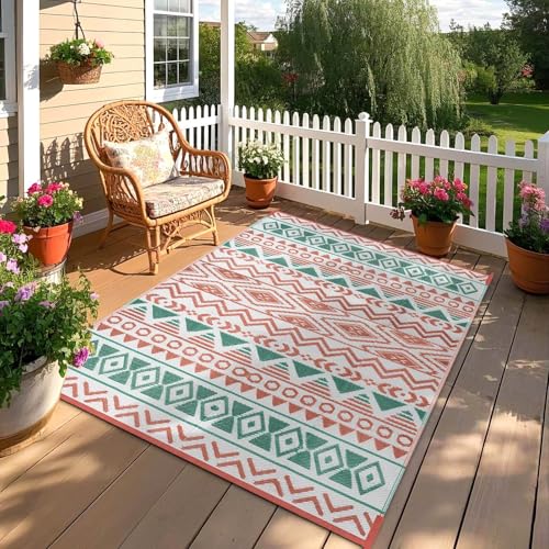 Outdoor Rugs Patio Camping Waterproof - 5x8 Plastic Straw Patio Rug Portable for Campers, Outside RVs Mat, Outdoor Area Carpet for Patios Clearance, Backyard Porch, Balcony, Picnic - color: Green Orange, size: 5' x 8' (Rectangular)