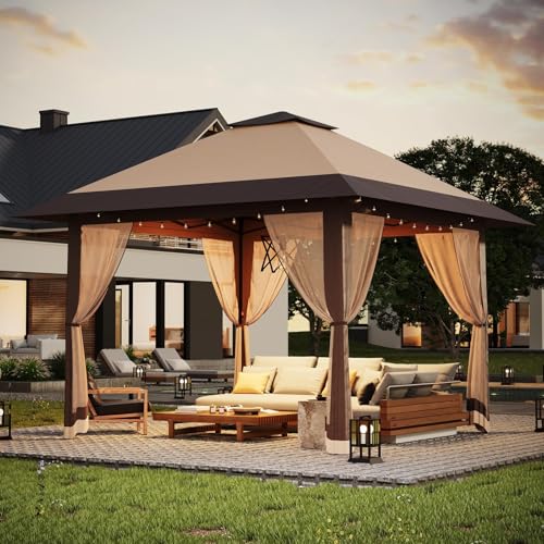 13x13FT Pop-Up Gazebo Canopy Tent - Double Roof, Mosquito Netting, Adjustable Height, UV-Resistant, Heavy Duty, Waterproof, Portable for Patio, Garden, Camping, Party - Khaki + Light Khaki - color: Khaki + Light Khaki