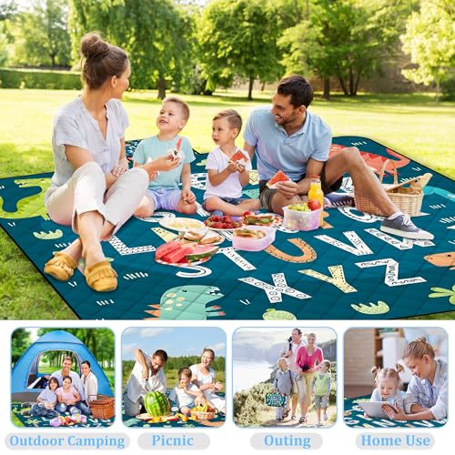 Extra Large Picnic Blanket Waterproof,80"x 80"Foldable Machine Washable Beach Blankets,Outdoor Blanket for 6-8 Adults,Picnic Mat Suitable for Indoor Crawling,Park Beach,Camping,Hiking,Travel( Blue) - color: Blue Abc Letters, size: 6'8" x 6'8" (Square)