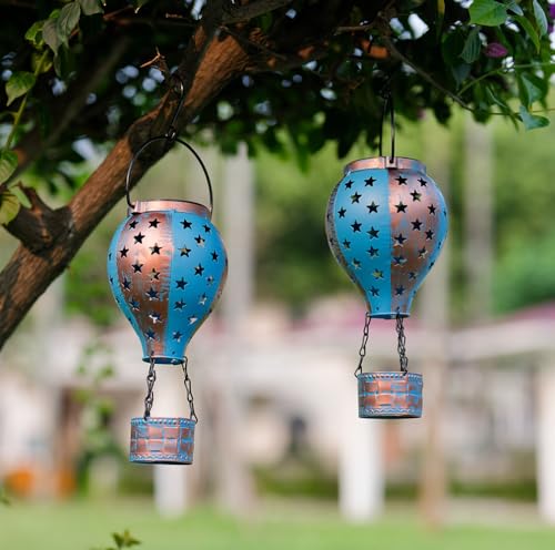 Hanging Solar Lantern,2-Pack Solar Powered Hot Air Balloon Lantern,Hanging Solar Lights Outdoor Waterproof for Lawn Porch Tree Garden Decorations - style: Blue Copper-2 Pack