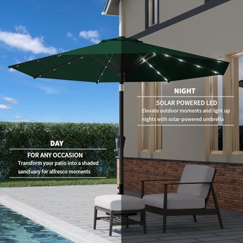 9FT Patio Umbrella with Solar Lights,Outdoor Market Umbrella with Tilt and Crank, LED Lighted Table Umbrella for Garden,Deck,Backyard,Pool,Beach (Dark Green) - color: Dark Green
