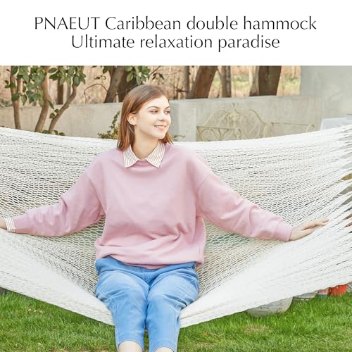 PNAEUT 2 Person Rope Hammocks for Outside, Handwoven Double Caribbean Hammock with Spreader Bar for Outdoor Indoor, Max 600 lbs Capacity (Cream) - color: Cream