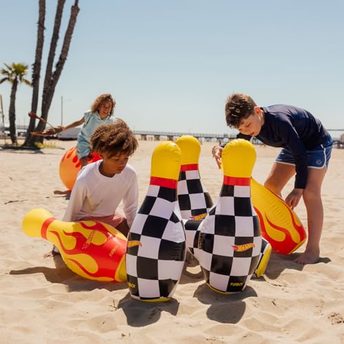 Hot Wheels & FUNBOY Inflatable Checkered Flame Kids Backyard Bowling Set with Large Ball and Six Bowling Pins