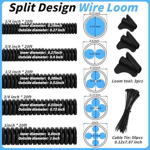 Split Wire Loom Tubing, 1/4,3/8,1/2,3/4,1 Inch x 20ft Wire Protector Tubing, Automotive Wire Flexible Conduit Cord Covers for Automotive Marine RV Agriculture Electrical Cable Protection - color: Black, size: 1/4,3/8,1/2,3/4,1in x 20ft