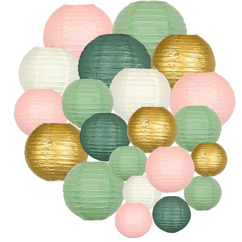 ADLKGG Paper Lanterns Decorative, Hanging Paper Lantern Decorations for Valentines Day Decorations Graduation Wedding St. Patrick's Day Neutral Baby Shower Home Decor Sage Green/Pink/Gold 21pcs - color: Pink green and white and gold