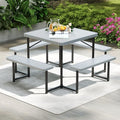 Byroce Outdoor Picnic Table for 4-8 Person, HDPE Picnic Camping Table Set with 4 Benches, Umbrella Hole & Metal Frame, Heavy Duty Square Dining Table Chairs for BBQ in Patio, Yard & Poolside (Gray) - color: Grey