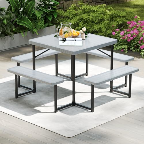 Byroce Outdoor Picnic Table for 4-8 Person, HDPE Picnic Camping Table Set with 4 Benches, Umbrella Hole & Metal Frame, Heavy Duty Square Dining Table Chairs for BBQ in Patio, Yard & Poolside (Gray) - color: Grey