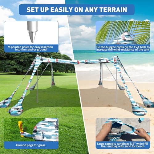 Beach Tent Sun Shelter 10x10ft Beach Canopy Easy Pop Up Sun Shade Portable UPF50+ with 8 Sandbags-2 Sand Shovel-4 Aluminum Poles-Ground Pegs for Outdoor Family Camping Fishing Backyard Picnic - color: Ocean Sailing, size: 10x10 FT 4 Pole