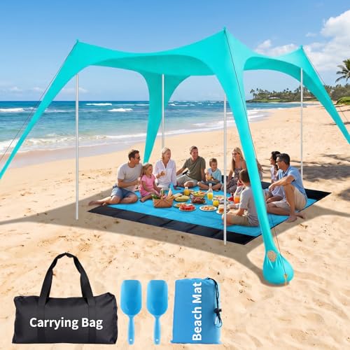 12x12 FT Beach Tent Sun Shelter UPF 50+, XL Beach Canopy with 4 Thickened Aluminum Poles, Sandbags, Windproof Portable Beach Sun Shade with Beach Blanket, Shovels, for Outdoor Camping Fishing RV Trip