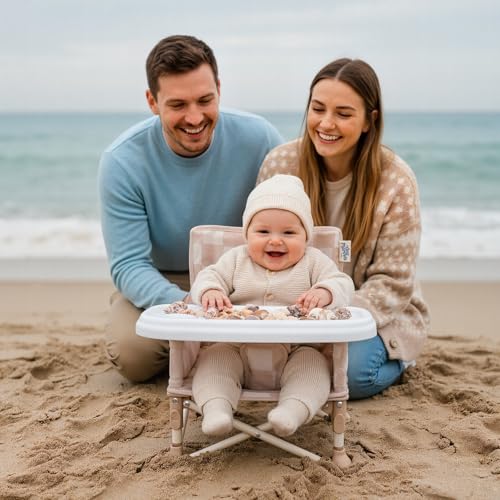 Tiny Marvels 3-in-1 Portable Baby Chair, Foldable Booster Seat with Removable Tray, Safety Harness & Carry Bag for Dining, Travel, Camping, Beach, 6M-3Y (Sand Checker) - color: Sand Checker