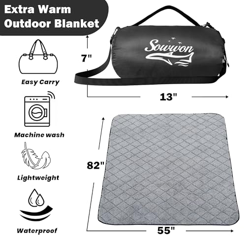 Waterproof Outdoor Blanket 82”X 55” Packable, Stadium Blankets for Camping with Sherpa Fleece Lining, Large Windproof Emergency Throw for Garss Picnic Hiking Road Trip, Machine Washable, Black 300GSM - color: Sherpa Black-300 Gsm, size: 82"x 55"