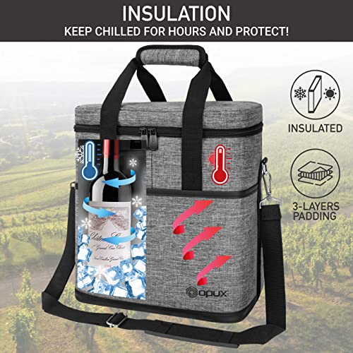 opux 6 Bottle Carrier Tote | Insulated Padded Wine Cooler Bag for Travel. Picnic, BYOB | Portable Leakproof Wine Tote Bag for Dinner, Party, Christmas, Wine Gift for Women, Men (Heather Gray) - color: Heather Gray, size: 6 Bottle