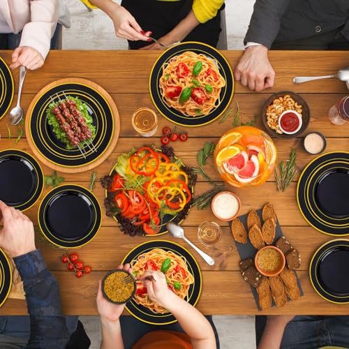 GATHER 700PCS Black Plastic Plates - Gold Disposable Plastic Dinnerware Set Include 200 6.3inch/9inch Black Plates, 300 Silverware, 100 Napkins, 100 Cups for Party & Wedding & Birthday - color: Black, size: 100 Guests