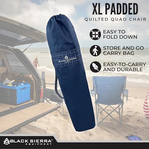 Black Sierra Quilted Padded Camping Chair, Oversized Heavy Duty Outdoor Lounge Seat Supports 300 lbs, Portable, Folding with Cup Holder for Beach, Tailgating, Sports, Patio - color: Blue Plaid