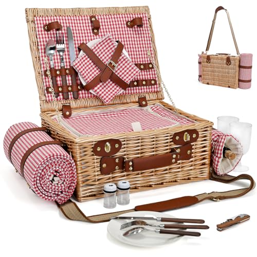 Picnic Basket with Blanket and Wine Pouch for 2, Wicker Picnic Set with Insulated Liner Cooler Bag Hamper for Camping,Wedding - Red Gingham - color: Red Gingham With Blanket for 2