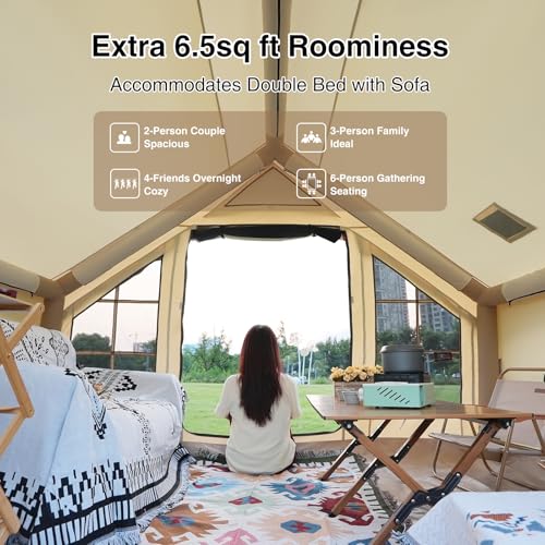 KNUO Inflatable Camping Tent, Large Blow-Up Air Tent, No Assembly Needed Luxury Glamping House, Oxford Fabric - color: Light Beige-Dual-layer Doors, size: 10x7.2ft