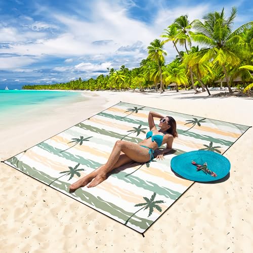 HIHOHO Beach Blanket Waterproof Sandproof Extra Large Beach Mat 79" X 83"/120"x108"for 1-8 Adults Quick Drying Durable Outdoor Picnic Mat for Beach Travel Camping Hiking - color: Coconut Tree - Striped - Yellow Green, size: 79" X 83"（1~3 person）