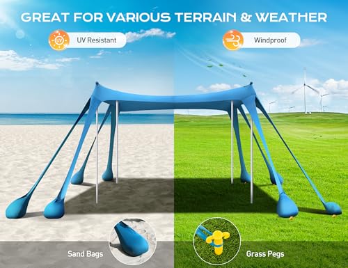 Rengue Beach Tent, Beach Canopy UPF50+ UV Protection, 10x10ft Beach Shade Sun Shelter with 8 Sandbags, Sand Shovels, Ground Pegs, Stability Poles for Camping, Fishing, Picnics, Backyard Fun, Sky Blue - color: Sky Blue