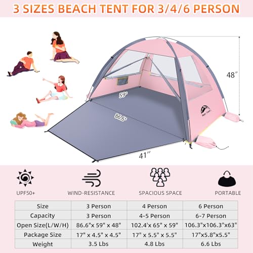 Happy Travel Beach Tent Sun Shelter for 3/4/5/6/7/8 Person, Portable UPF 50+ UV Protection Beach Shade Canopy for Family & Baby, Lightweight & Easy Setup Beach Cabana with 3 Ventilation Mesh Windows - color: Pink, size: 3 Person