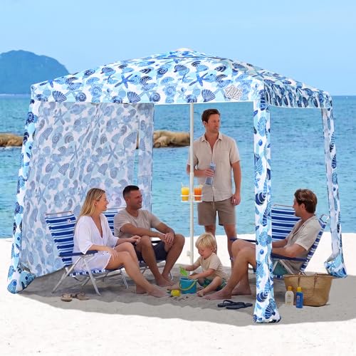Qipi Beach Cabanas for Sand, Beach Canopy with Sandbags & Side Wall for Family, Easy Set Up Sun Shelter, UPF 50+ UV Protection with Roof Vent - color: 8' x 8' Sea Life Dual-Fold
