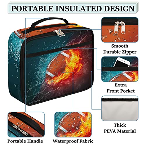 Kids Lunch Box for Boys Girls Fire American Football Sport Black Insulated Lunch Bag Reusable Small Cooler Bag Meal Containers Tote Kit for School Travel Women Men - color: american football