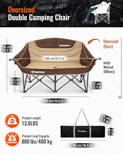 KingCamp Double Camping Chair, Oversized 880lbs Heavy Duty Loveseat for Adults Portable Folding XL 2 Person Couch Padded Comfortable Two Seat with Cup Holder for Outdoor Lawn Backyard, Khaki/Coffee - color: XL 2 Person Khaki/Coffee, size: Loveseat XL