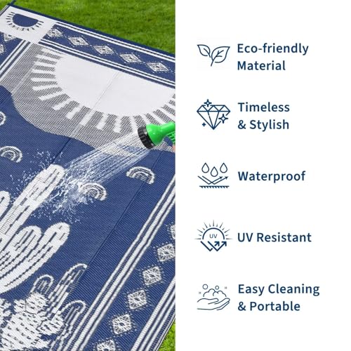 Garvee Waterproof Outdoor Rug 5x8, Cactus Botanical Outdoor Plastic Straw Rug for Camping, Reversible RV Mat Outside, Indoor Outdoor Carpet for Porch, Deck, Backyard, Balcony, Picnic, Navy & White - color: Navy & White-cactus, size: 5' x 8' (Rectangular)