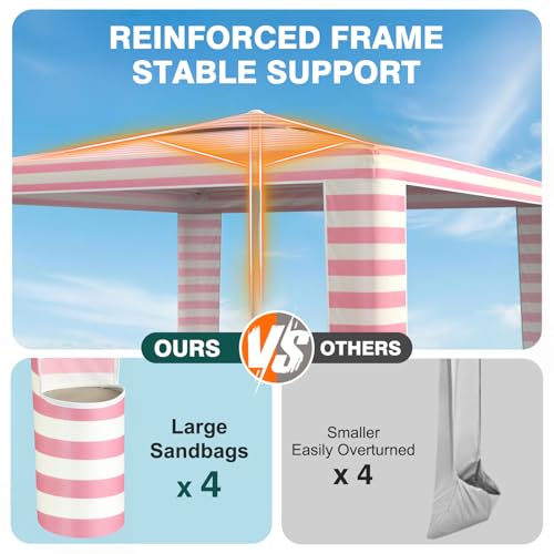 Rhino Valley Beach Cabana, 8 * 8FT Beach Tent UPF50+ Protection, Easy Setup Beach Canopy Wind Resistant with Cup Holder, Compact Beach Shade Foldable Beach Tent Sun Shelter, Pink & White Stripes - color: Pink & White Stripes