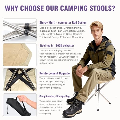 Ultra-Lightweight Camping Stoo - 260lbs Capacity | 13.8in Expanded Height | 1.2lbs Ultra-Light & Waterproof | 1-Pull Quick Setup for Camping, Hiking, Fishing, BBQ & Waiting in Line (Khaki) - color: Khaki