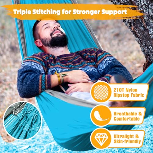 NATUREFUN Ultra-Light Travel Camping Hammock | 300kg Load Capacity,Breathable,Quick-Drying | 2 x Premium Carabiners,2 x Nylon Slings Included | Outdoor Indoor Garden - color: Azure/Grey, size: 300x200cm