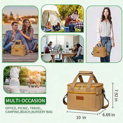 iknoe Insulated Lunch Bag, Foldable 8.5L Cooler Bag for Men & Women, Leakproof Thermal Design, Great for Office, Picnic, Travel, Lunch Box, Khaki - color: Khaki, size: Medium