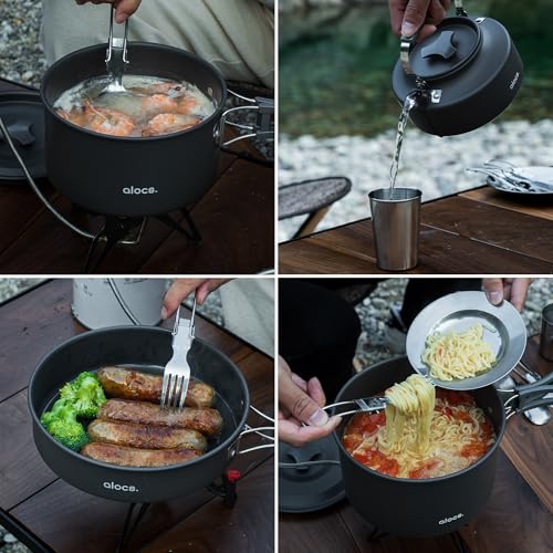 Alocs Camping Cookware Set - Lightweight Camping Pots and Pans - Portable Outdoor Cookware with Kettle - Camping Cookware Mess Kit for 2 - style: Ultimate Value Kit (17-piece)