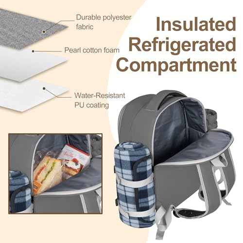 Picnic Backpack for 4 Persons with Insulated Leakproof Cooler Compartment, Cutlery Sets, Wine Holder, Fleece Blanket, Wedding Gifts for Couples, Perfect for Beach, Camping, Hiking, Grey - color: Gray