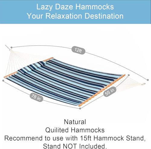 Lazy Daze Hammocks 12 FT Quilted Fabric Double Hammock with Spreader Bars and Detachable Pillow, 450lbs Weight Capacity - color: Aqua Navy