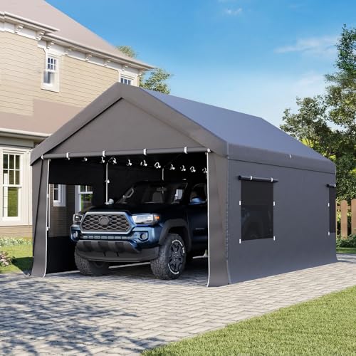 Bezseller 12x20 FT Heavy Duty Carport Canopy with Removable Sidewalls, Portable Garage Tent with Roll-Up Windows & Doors, Car Port with All-Season Tarp for Cars, Boats, Trucks, Motorcycles, Gray - color: Gray, size: 12 X 20