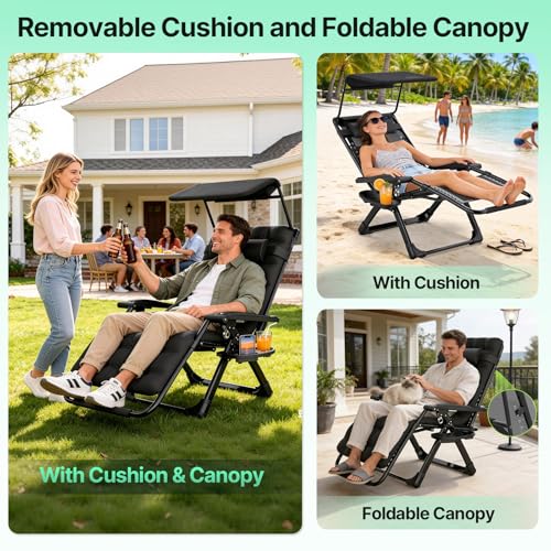 Suteck Zero Gravity Chair with Canopy, Reclining Camping Lounge Chair w/Removable Cushion, Upgraded Lock and Cup Holder, Reclining Patio Chairs Folding Recliner for Indoor and Outdoor - color: 26inch Black With Canopy